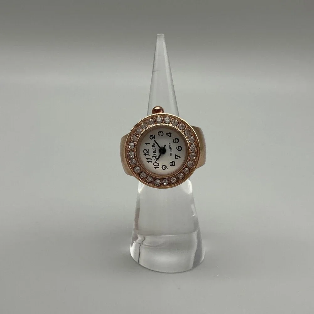 Shasa Ring Watch Women 21mm Rose Gold Tone Crystals Stretch Band New Battery
